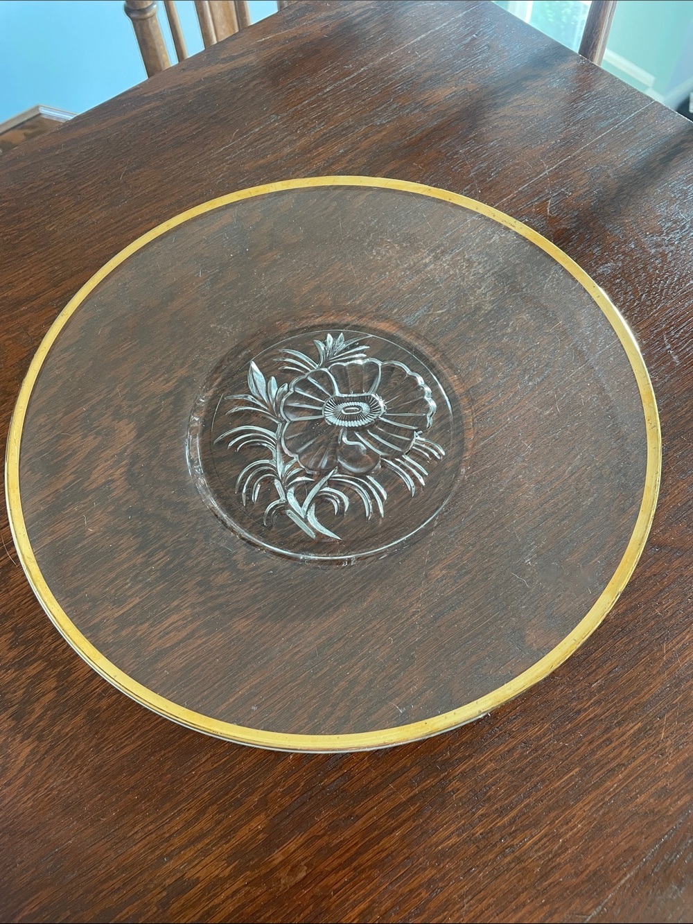 Glass Charger Plate with Gold Rim and Floral Etching